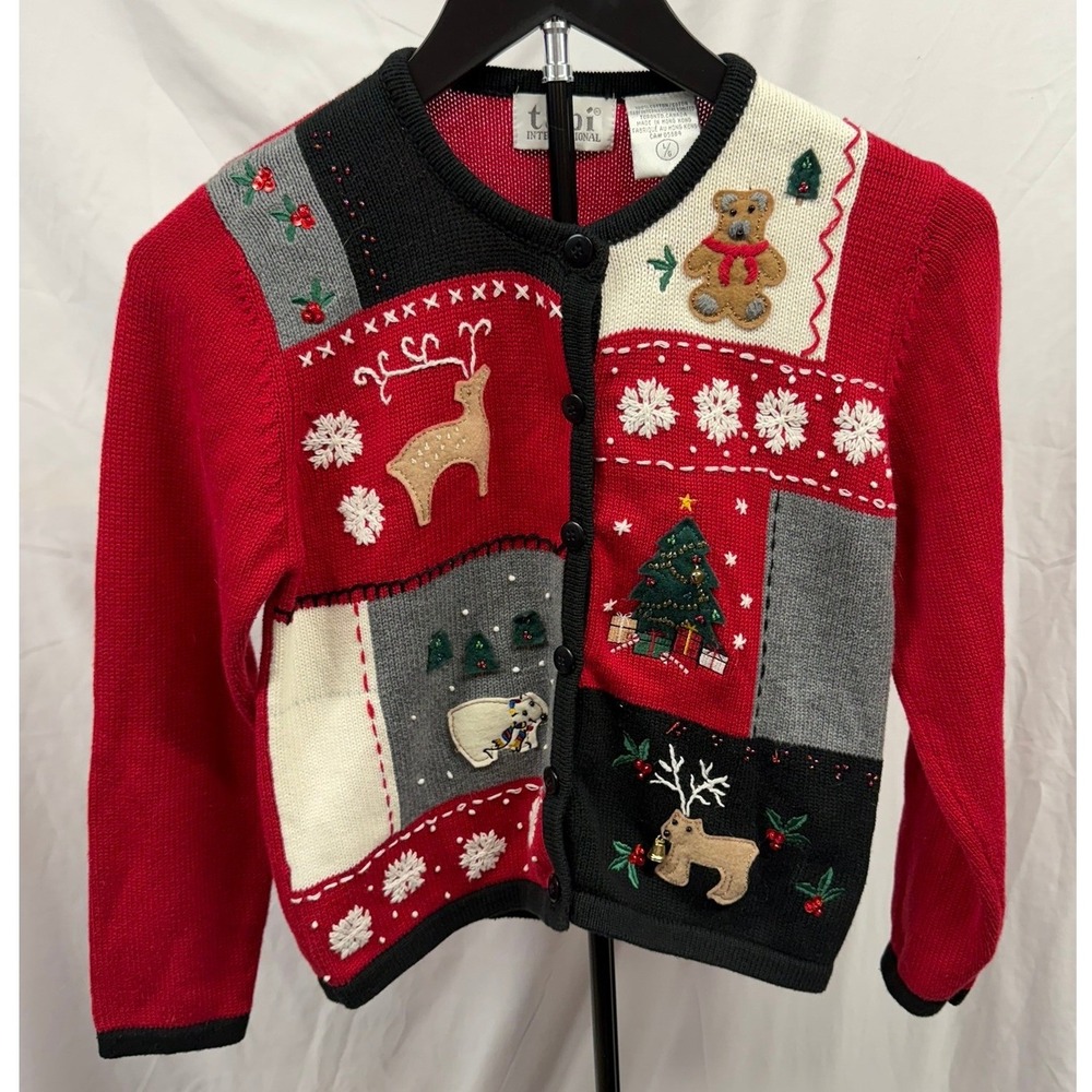 Tabi International Kids 90's Vintage Christmas Patchwork Cardigan Red Black Sz L